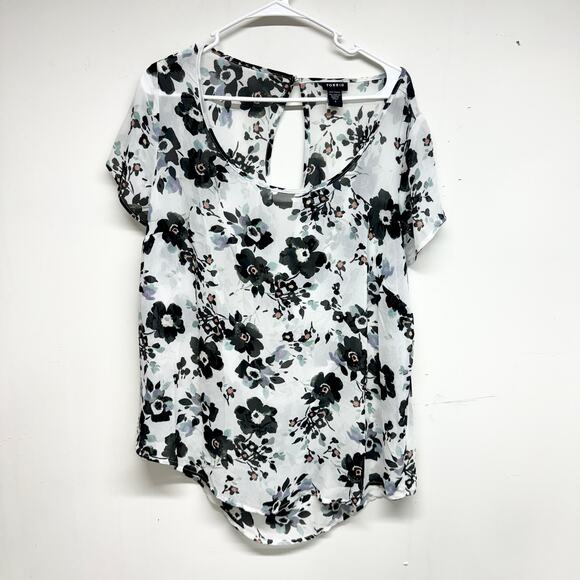 Torrid Womens  White & Black Floral Print Sheer Chiffon Drape Back Blouse Top L - Picture 2 of 4